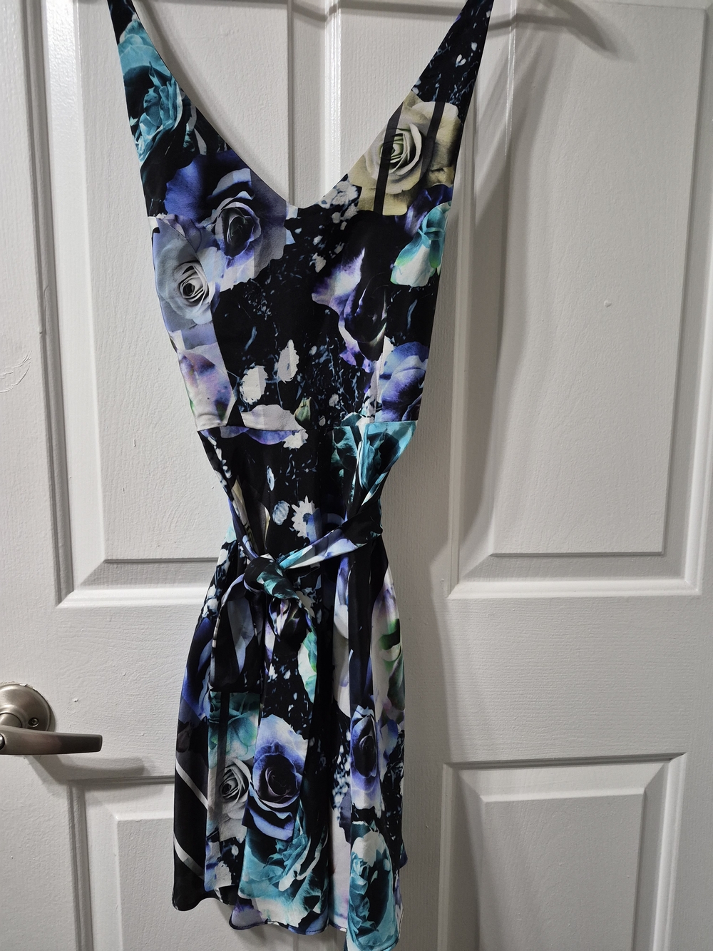Amanda Uprichard Black Floral V-Neck Mini Dress with Teal & Blue Roses